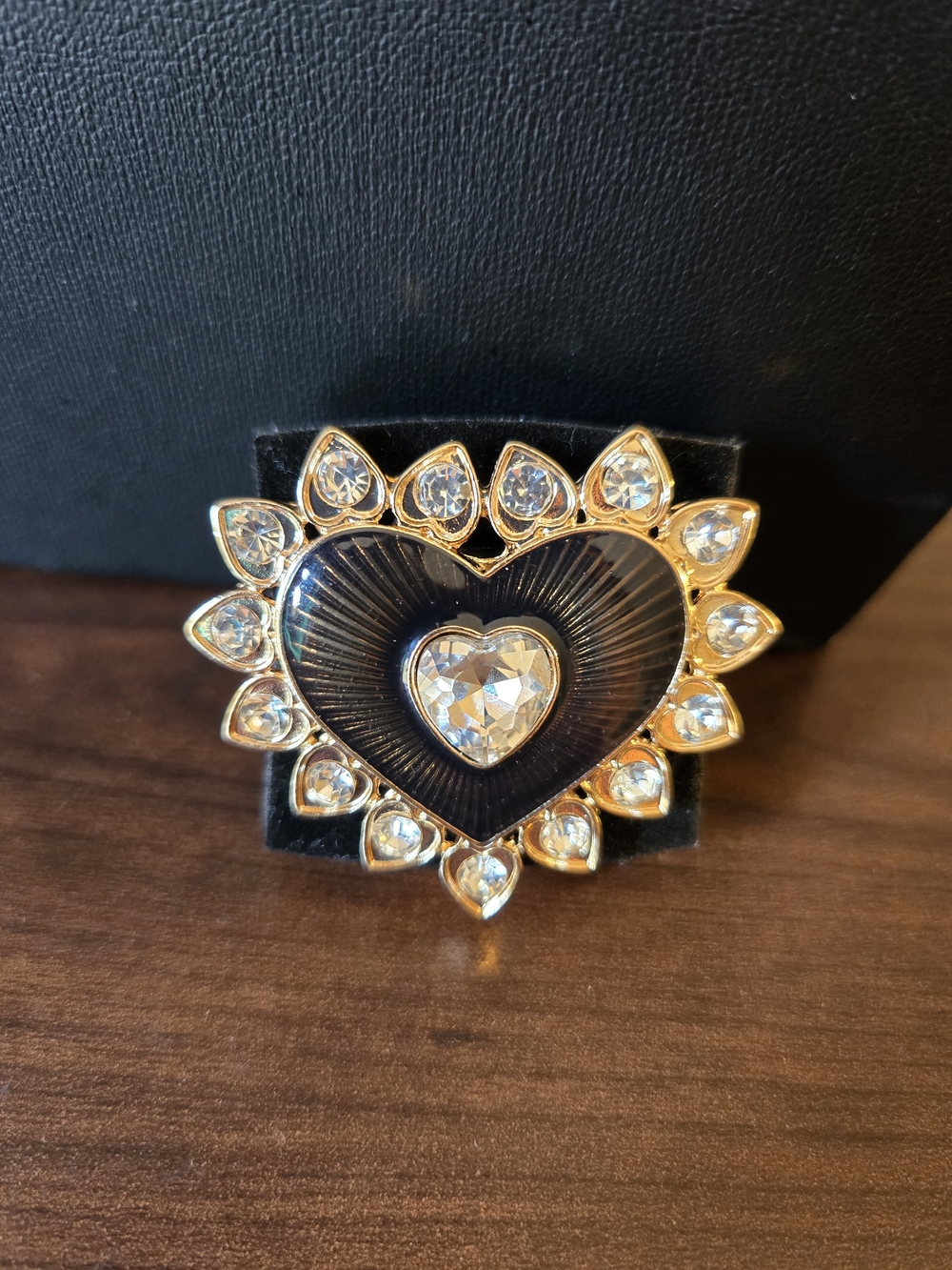 Gold-Tone Black Enamel Heart Crystal Ring - Elegant Women's Jewelry